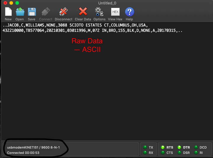 CoolTerm raw driver's license data capture -- ASCII