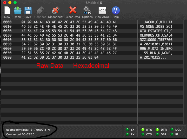 CoolTerm raw driver's license data capture -- Hexadecimal